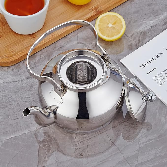 68oz Stainless Steel Teapot with Removable Filter, Portable Coffee Pot for Loose Leaf Tea Bags, Metal Gooseneck Kettle, 2 Liter Hot Water Kettle Boiling Pot, Silver