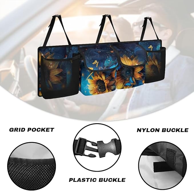 Sunflower Car Trunk Organizer and Storage, Backseat Hanging Organizer for SUV, Truck, MPV, Van, Sedan, Waterproof Cargo Storage Bag with 4 Pockets, Sunflower Car Accessories for Women