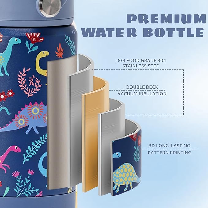Kids Insulated Water Bottle with Straw Lid, 12 oz BPA-FREE Double Wall Vacuum Tumbler 18/8 Stainless Steel Leak Proof Kids Cups with Straw for School Travel Boys Girls (Dinosaur)