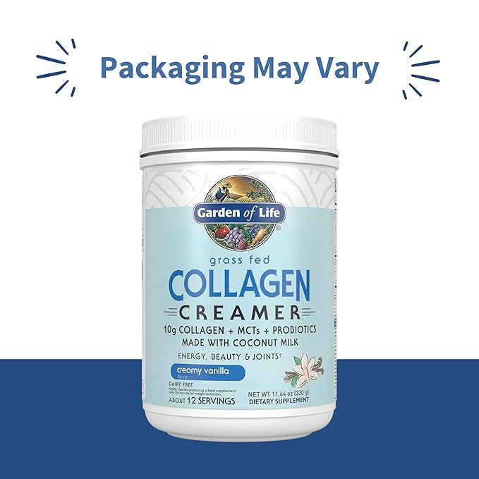 Garden of Life Grass Fed Collagen Creamer Powder - Creamy Vanilla, 12 Servings, Powder for Coffee Energy Beauty Joints, Collagen Peptides with Coconut MCTs, Keto Protein Supplements