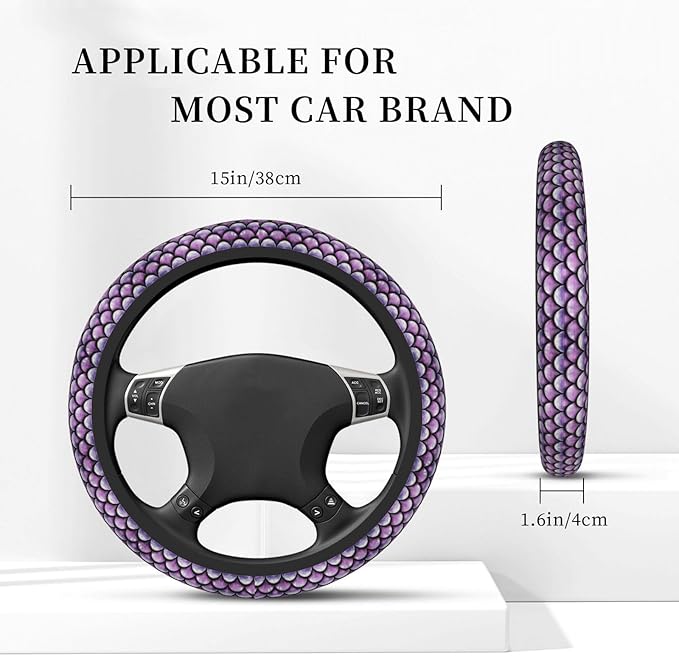 Purple Mermaid Scales Neoprene Steering Wheel Covers Women Men Car Accessories, Universal 15 Inch Fit Auto, Suvs, Truck