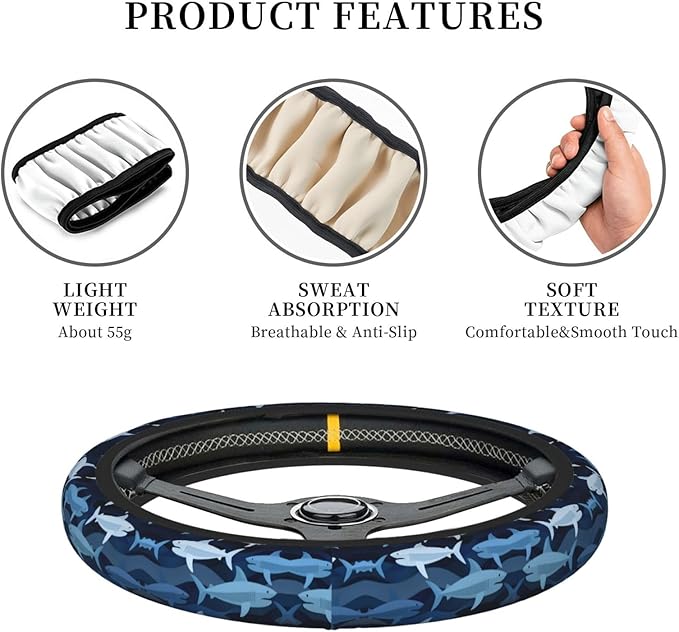 Neoprene Steering Wheel Cover Cute Shark Print Car Steering Wheel Cover Universal Fit for Most Cars