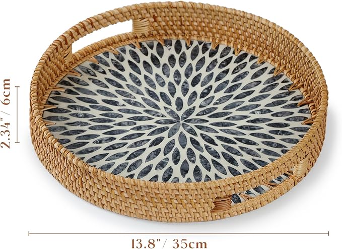 YANGQIHOME Round Rattan Tray with Handle, Mother of Pearl Inlay Decorative Wicker Basket for Coffee, Bread, Fruits, Serving Tray for Home Decor, Blue Leaf