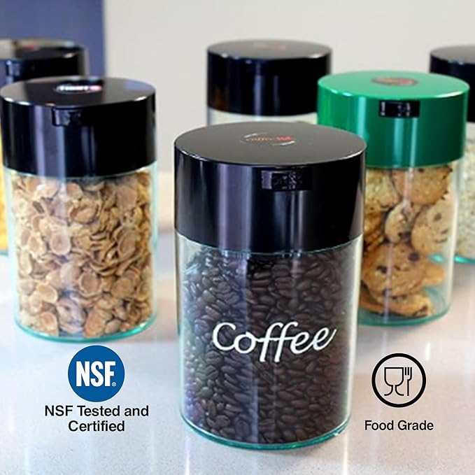 COFFEEVAC 1LB Patented Airtight Multi-use Vacuum Works as Smell Proof Ground Coffee Bean Containers. Black Cap and Body, 1.85-Liter/1.6-Quart
