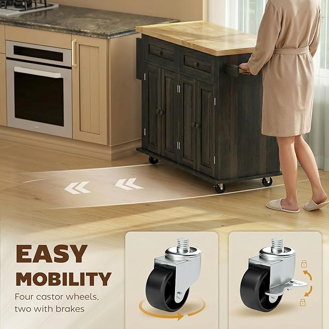 HOMCOM Kitchen Island Cart with Rubber Wood Top, Rolling Kitchen Island Table on Wheels with Drawers, Adjustable Shelves, Spice Rack and Towel Rack for Dining Room, Brown Oak