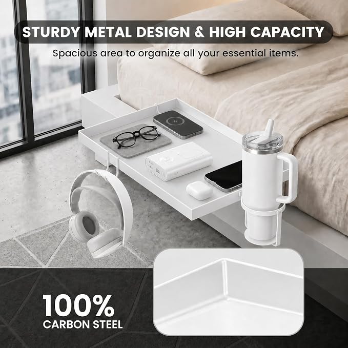 Bedside Shelf Metal, Metal Clip on Bedside Table Shelf for top bunk,Bedside Caddy for College Dorm Room Essentials for Guys(White)
