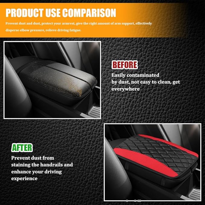 Car Center Console Cover, Leather Waterproof Armrest Seat Box Cushion Pad, Universal Decor Protector Mat, Comfortable Car Decor Accessories Fit for Most Cars, Vehicles, SUVs (Red)