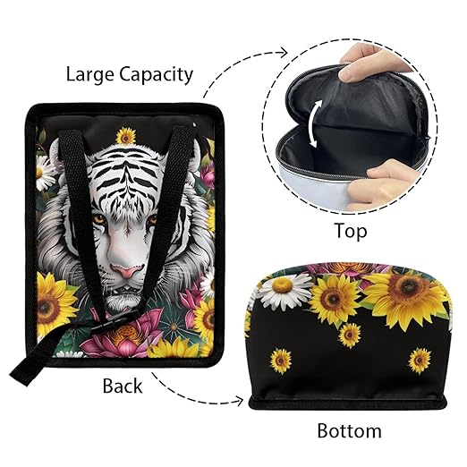 White Tiger Floral Car Trash Can, Hanging Zipper Design Garbage Bin for Backseat