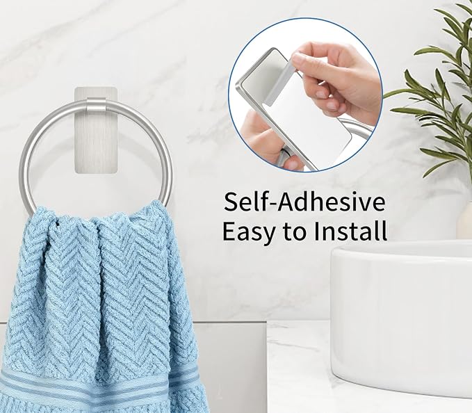 STWWO Brushed Nickel Towel Ring, Hand Towel Holder for Bathroom, Self Adhesive Hand Towel Rings for Bath, Kitchen, RV, No Drill Hole