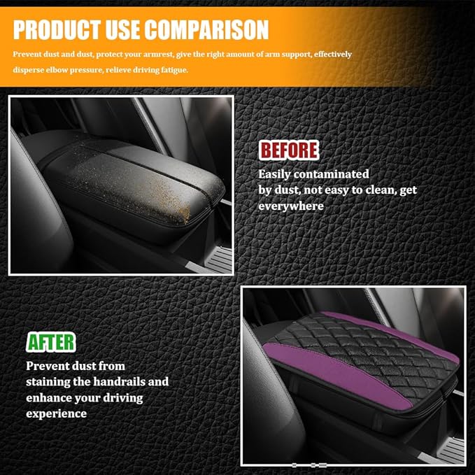 Car Center Console Cover, Leather Waterproof Armrest Seat Box Cushion Pad, Universal Decor Protector Mat, Comfortable Car Decor Accessories Fit for Most Cars, Vehicles, SUVs(Purple)