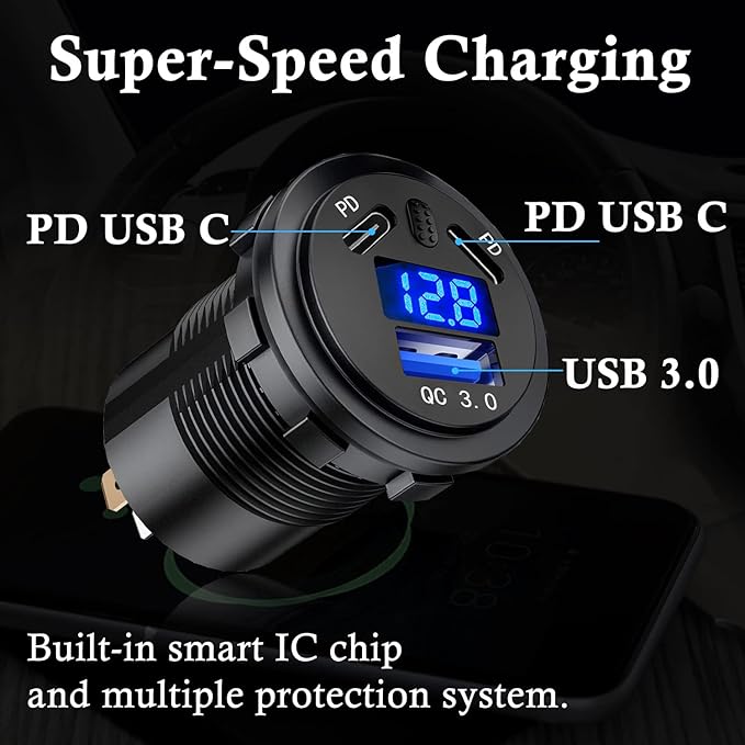 BATIGE 2 Pack 3 Ports Car Charger Socket Dual 45W PD Type C & 18W QC 3.0 with Voltmeter and Button Switch, USB Charger Socket for 12V/24V Car Boat Marine ATV Bus Truck RV Motorcycle