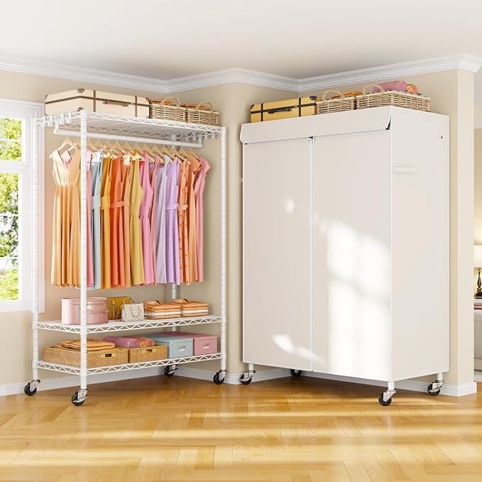 ULIFHOME P6C Plus Rolling Clothes Rack with Cover, Covered Clothing Rack Heavy Duty, Portable Closet for Hanging Clothes, Garment Rack on Wheels, White Closet Rack with White Cover, Max Load 375LBS