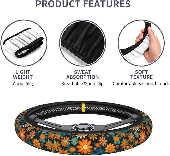 Artistic Floral Pattern Steering Wheel Cover for Women Breathable Anti Slip Stretch Cute Steering Wheel Covers Car Protector Accessories Universal 15 Inch