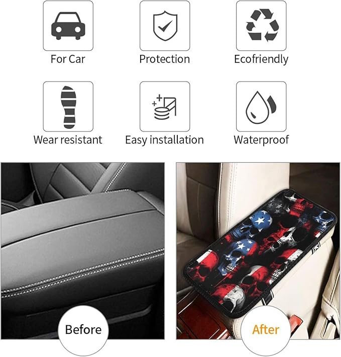 Universal Car Center Console Cushion Pad, American Flag Skull Soft Waterproof Car Center Console Cover Auto Armrest Seat Box Cover Protector for Most Vehicle SUV Truck Car