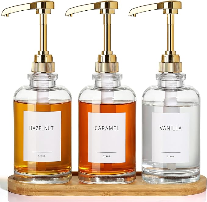 Coffee Syrup Dispenser, Glass Syrup Pump Dispenser for Coffee Bar Accessories, Maple Syrup Bottles with Tray, 16.9 fl oz Simple Syrup Bottles with 1/4oz Large Capacity Gold Pump