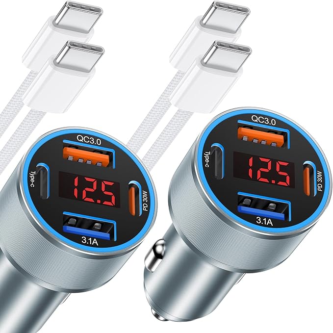 iPhone Fast Car Charger, 65W 4-Port USB C Car Phone Charger Adapter with 2x6FT USB C Cable,Multiport Cigarette Lighter USB Charger with Voltage Display for iPhone 17 16 15 Pro Max,iPad,Samsung,Android