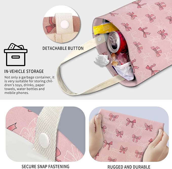 Cute Car Trash Can, Hanging Canvas Car Back Seat Organizer and Storage Bag, Funny Car Trash Bag for Travelling, Outdoor Cute Pink White Bow