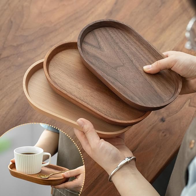 Mini Serving Trays for Parties, Small Decorative Tray for Tea＆Coffee, Oval Wooden Plates for Serving Food for Appetizer＆Vegetables for Bathroom 7.8"×4.6" (Walnut, Set of 2)
