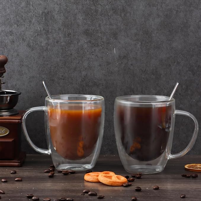 Double Walled Glass Coffee Mugs, 18oz Glass Coffee Cup Set of 2, Double Insulated Coffee Mugs for Espresso, Cappuccino, Latte, Tea Bag, Hot Beverages