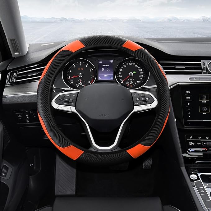 Car Steering Wheel Cover, Steering Wheel Protector, Universal 14.5-15 Inch Microfiber Leather Breathable Auto Steering Wheel Covers, Carbon Fiber Steering Wheel Cover for Women Men (Orange)