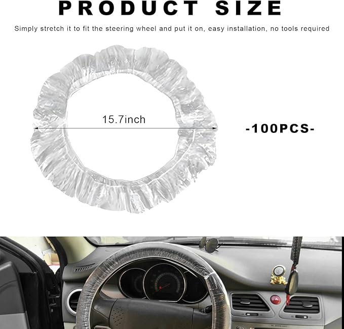 100 PCS Disposable Steering Wheel Cover, Plastic Clear Auto Steering Wheel Protector with Elastic Trims, Car Steering Protective Cover for Vehicle Oil Changes Body Shops