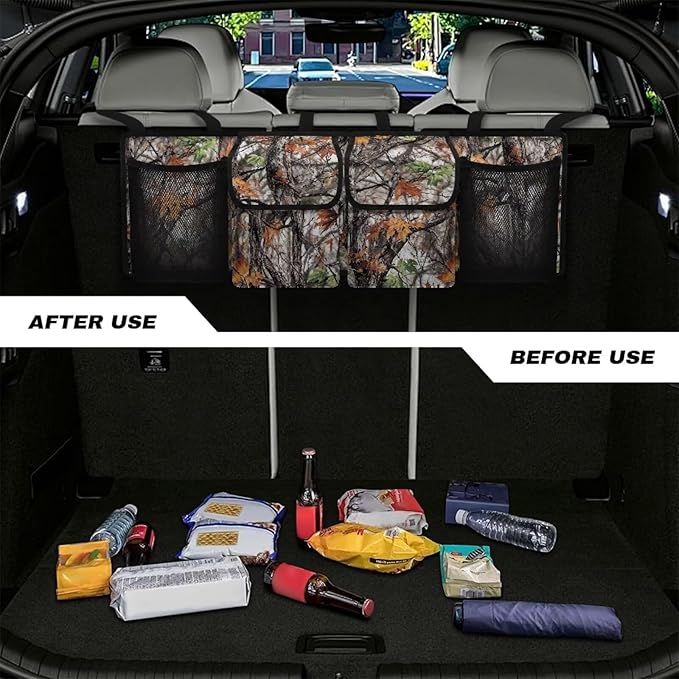 Car Storage Organizer New Version, Woods Camouflage Hanging Trunk Organizer with 4 Functional Storage Bags, Car Trunk Storage Bag for SUV Truck MPV VAN