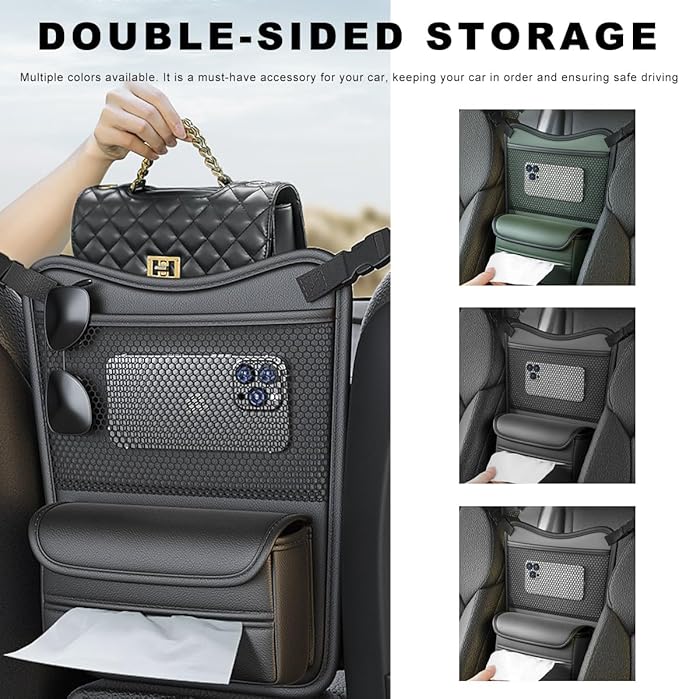 Car Purse Holder Between Seats, Nappa Leather Front Seat Storage Bag with Tissue Holder, Large Capacity Automotive Console Organizer for Document Phone Wallet, Car Accessories (Green)