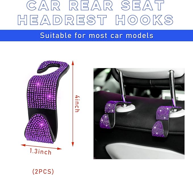 2 PCS Bling Car Seat Headrest Hooks, Crystal Rhinestone Back Seat Hanging Storage Organizer, Vehicle Seat Hanger Holder for Purse Handbag Coat, Interior Car Accessories (Purple)