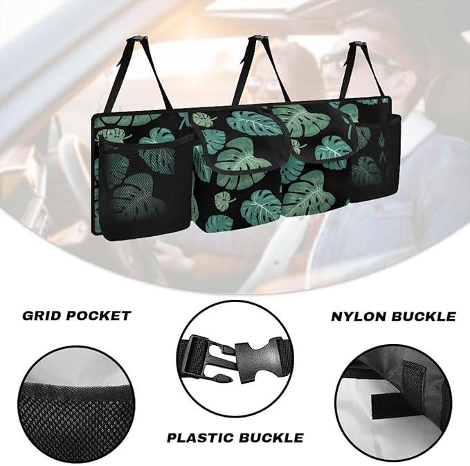 Tropical Palm Leave Large Capacity Car Trunk Organizer, Waterproof Oxford Backseat Hanging Storage Bag with 4 Pockets, Foldable Car Organization for Car Tools, Car Accessory for SUV Truck