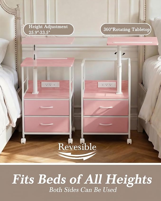 Faesun Swivel Lift Top Nightstand with Charging Station, Rolling Side Table for Recliner, Bedside Table with Wheels & 2 Fabric Drawers, for Small Spaces, for Bedroom, Living Room, Pink