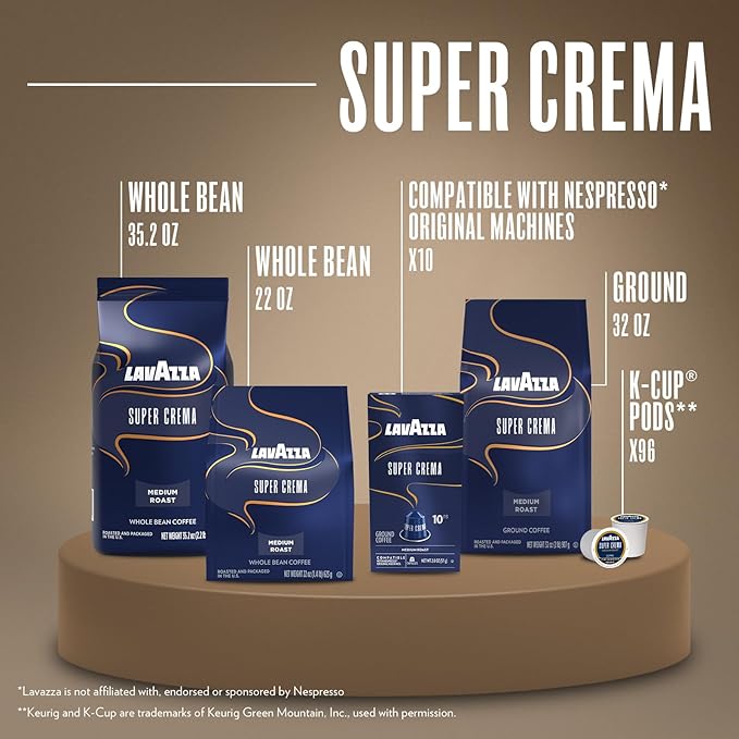 Lavazza Super Crema Whole Bean Coffee, Medium Espresso Roast, Arabica and Robusta Blend, 2.2 lb Bag (Pack of 6)