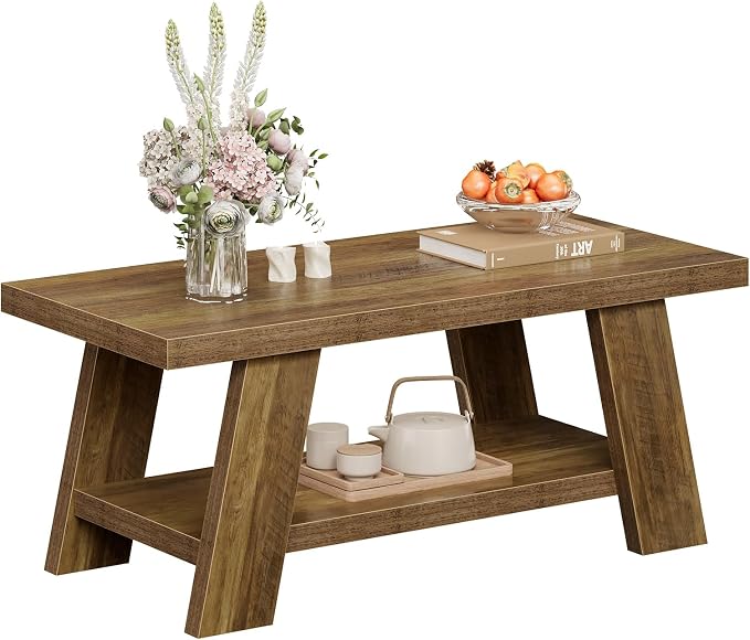 Tohomeor 47.24" Coffee Table for Living Room, Farmhouse Solid Wood Coffee Table with Storage, Rectangle Rustic Accent Center Table with for Home Apartment Office, Retro Brown