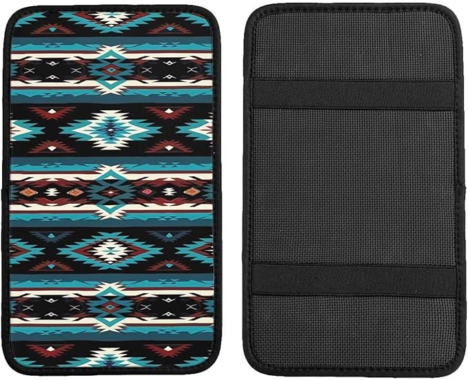 Car Center Console Cushion Pad Aztec Boho Armrest Seat Box Cover Protector Native American Armrest Pads Western Turquoise Stripe Car Decor Accessories for Sedans Vans Truck Vehicles SUV