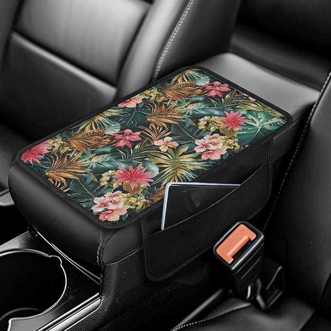 CLOHOMIN Pink Hibiscus Car Center Console Cover Accessories Palm Leaves Armrest Seat Box Cover for Most Car, Truck, and SUV Tropical Automotive Arm Rest Cushion Pad