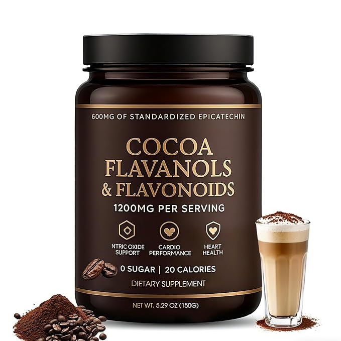 High Flavanol Cocoa Powder – 1200mg Flavanols & Flavonoids per Serving – 10X Concentrated Cocoa Extract with 600mg Epicatechin – Premium Dark Cocoa Nutrition for Daily Use, Gluten Free, Vegan, 5.29 oz (1)