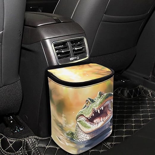 DISNIMO Crocodile Hanging Car Trash Can Black Car Garbage Storage Bag with Lid Auto Rubbish Bin Leak-Proof Cars Trash Can Portable Organizer for Men Women Keeps Clean