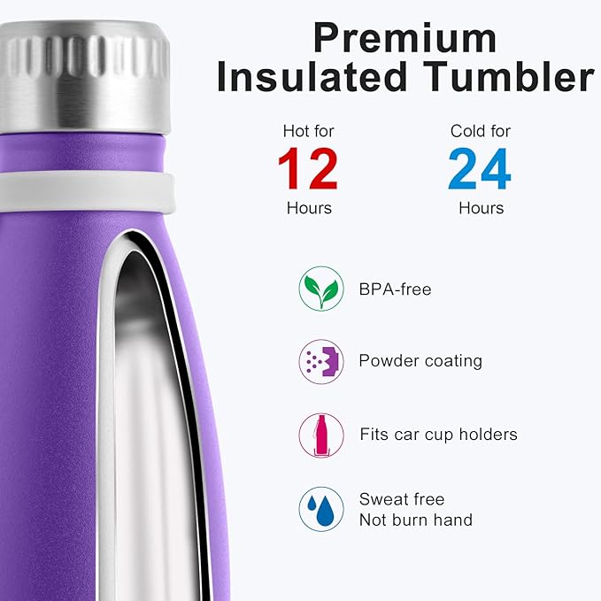 koodee Insulated Water Bottle 2 Pack-17 oz Stainless Steel Double Wall Vacuum Leak Proof Sports Water Bottle, BPA Free Water Bottle (2 Pack Purple)