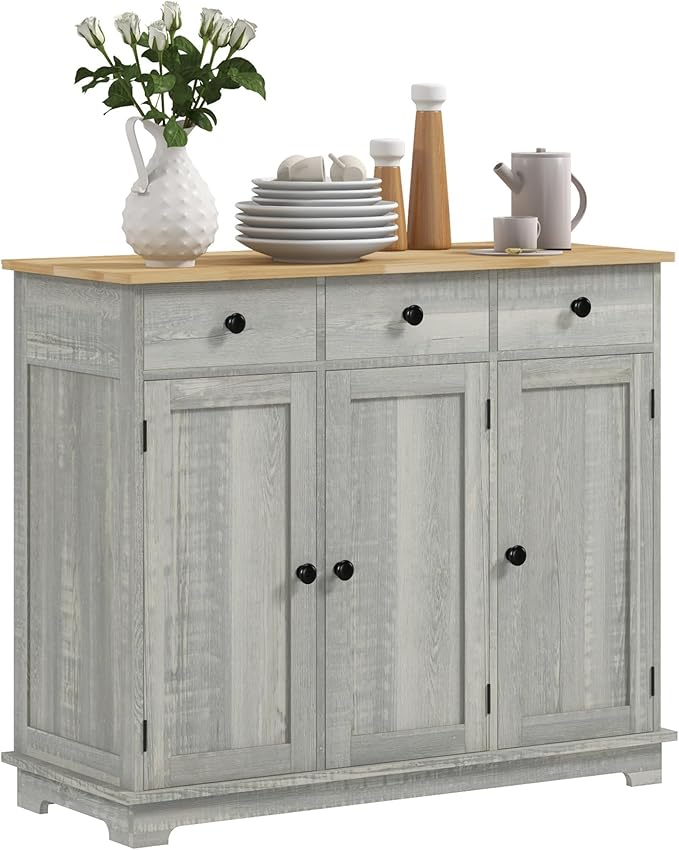 HOMCOM Sideboard Buffet Cabinet with Solid Wood Countertop, Modern Kitchen Storage Cabinet, Coffee Bar Cabinet with 3 Drawers, Doors and Adjustable Shelf, Distressed Light Gray