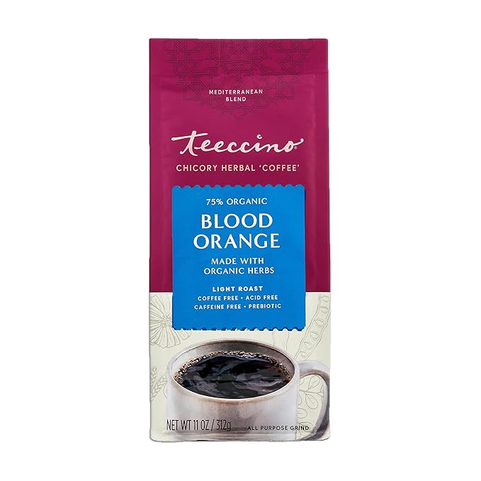Teeccino Blood Orange Chicory Coffee Alternative - 11 Ounce - Ground Herbal Coffee That’s Prebiotic, Caffeine Free & Acid Free, Light Roast, (Pack of 3)