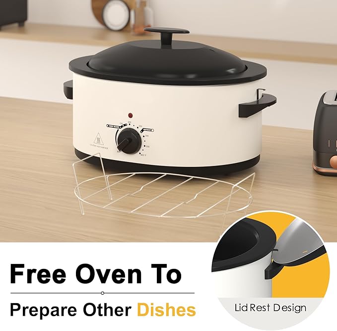 8 QT Electric Roaster Oven with Self-Basting Lid, Turkey Roaster Oven with Defrost Warm Function, Removable Pan and Rack, Stainless Steel White