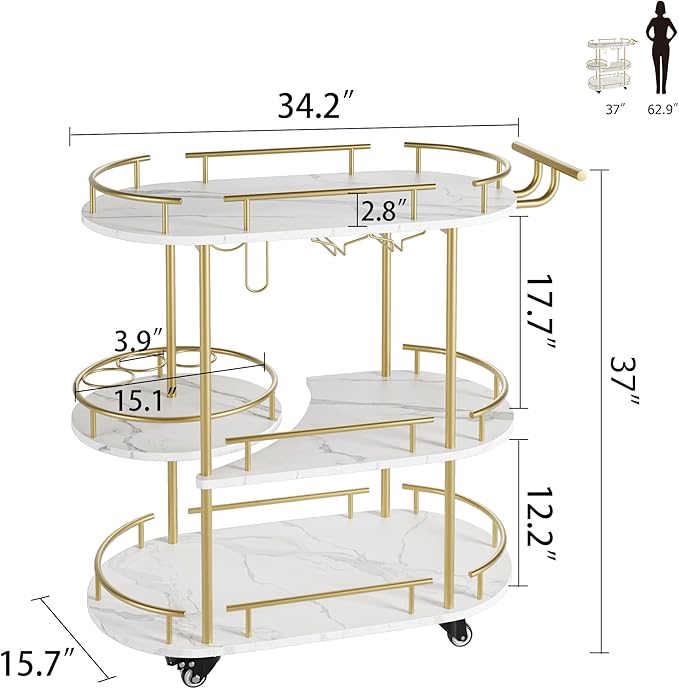 GarveeHome Gold Bar Carts with 4-Tiers Storage Shelves，Mobile Bar Seving Carts On Wheels with Wine Rack and Glass Holder for Kitchen, Dining Room, Living Room-Gold+White