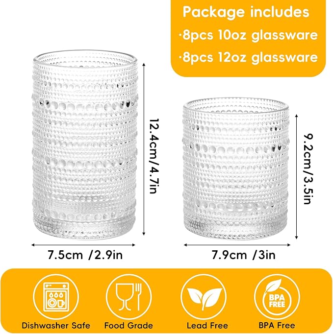 Moretoes Hobnail Drinking Glasses Set of 16, 12 Oz Highball Glasses & 10 Oz Cocktail Glasses, Clear Embossed Boho Glass Cups Kitchen Bar Tumbler Glassware Set for Whiskey, Beer, Juice, Milk (Clear)