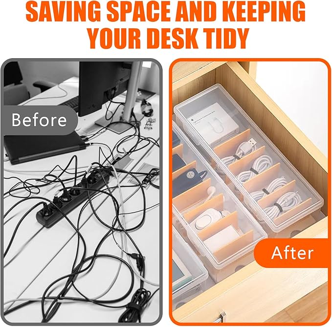 Charger Organizer, Cable Cord Organizer Box (2PCS) - Adjustable Dividers, 16 Cable Ties, Clear Charger Storage Box for Cable, Phone, Drawer Organization