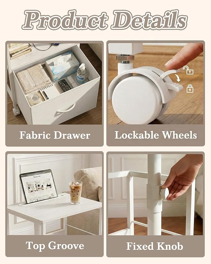 Faesun Swivel Lift Top Nightstand with Charging Station, Rolling Side Table for Recliner, Bedside Table with Wheels & a Fabric Drawer, for Small Spaces, for Bedroom, Living Room, White
