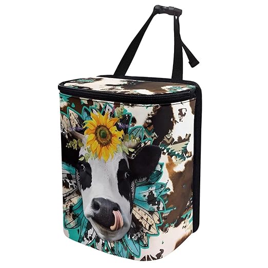 Cow Print Car Trash Can Bin with Lid,Leak Proof Portable Small Garbage Bag Waste Rubbish Storage Bin for Back Seat Road Trip Travel，Aztec Cow Car Accessory for Women