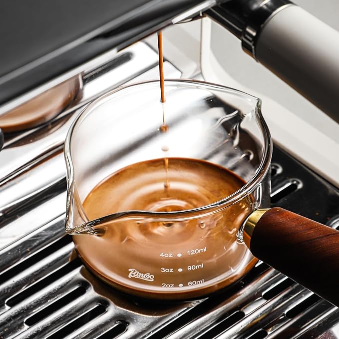 Espresso Shot Glasses with Wood Handle - 120ml Glass Coffee Bean Dosing Cup with Dual Spout,Clear Espresso Measuring Cup Glass for Barista Coffee Measure