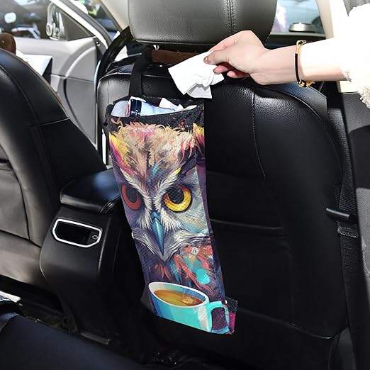 ALAZA Hanging Car Trash Bags Garbage Bag Trash Can for Back Seat Small Owl Coffee Washable Storage Bag Retractable 2 Pack