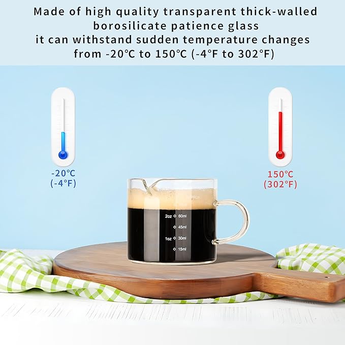 Espresso Double Spout Glass Coffee Cups with Handle - 75ML/2.5OZ Clear Borosilicate Glass Shot Glasses with Scale Measurement (2 Pack)