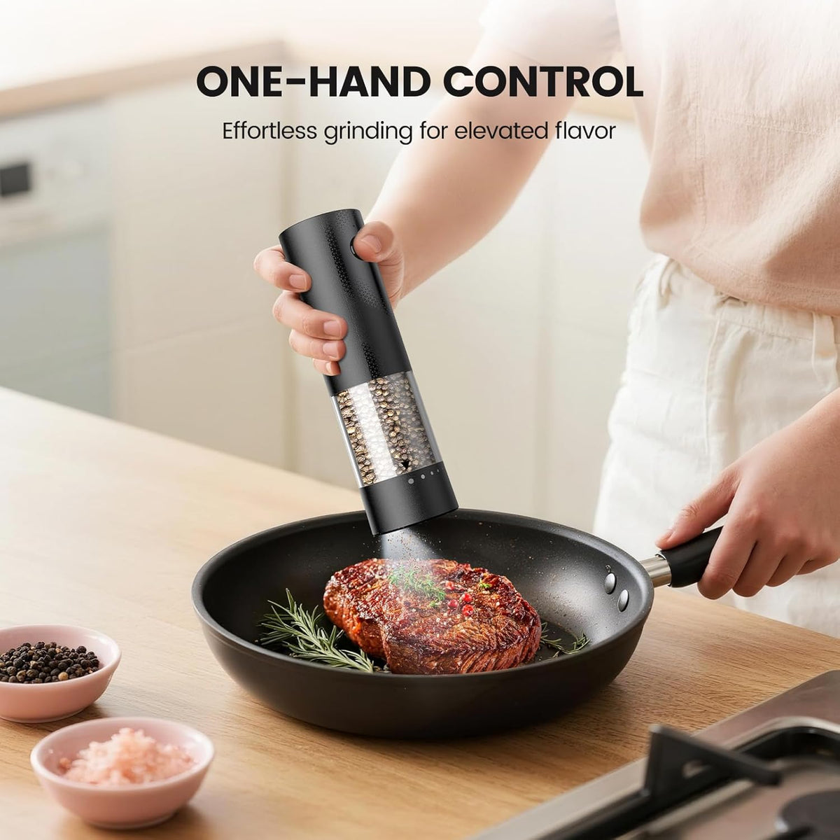 Electric Salt and Pepper Grinder Set - Rechargeable Automatic Salt and Pepper Shakers, Kitchen Appliances with External Adjustable Coarseness, Larger Hopper for Christmas Gifts(2 Pack,Black/Black)