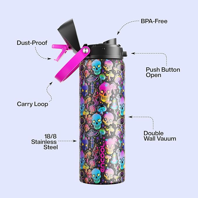 Insulated Water Bottle with Straw - Encool Stainless Steel Water Bottle with Push Button Lid, Leak-Proof & BPA-Free, Keeps Cold for 24 Hours for Sports, Travel, Gym (32 oz, Trippy Skulls)